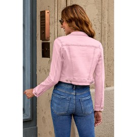 Roskiky Cropped Jean Jacket Women's Fashion Short Denim Shacket Jacket Lightweight Cut Stretch with Pockets, pink, L