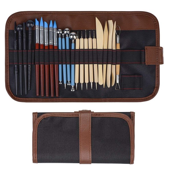 Polymer Clay Tools, 24 Pcs Modeling Clay Sculpting Tools with Assorted Shape&Size, Include Dotting Tools, Wooden Ceramics Tools, Rubber Tips Pen, Ball Stylus, Plastic Modeling Tools, 1 Case