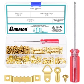 Cimeton 401Pcs Gold Picture Hanging Kit Include Saw Tooth Picture Hangers, Photo Frame Turn Buttons, Triangle Ring Picture Hangers with Screws and Screwdriver for Hanging Pictures Photos
