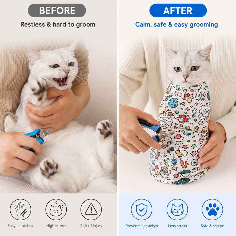 Cat Grooming Wrap for Nail Trimming – Self-Adherent Swaddle Cloth