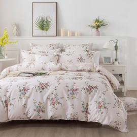 FADFAY Duvet Cover Set Queen Sweet Pink Rose Floral Bedding Shabby Peony Flower Quilt Cover Set Vintage Farmhouse Bedding 100% Cotton Soft Comforter Cover Set with Zipper Closure 3Pcs, Queen Size