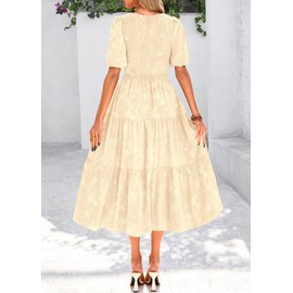 KIRUNDO Womens Summer Dresses Wedding Guest Floral Midi Sundress Short Puff Sleeve Flowy A Line Smocked Tiered Boho Dress(Apricot, X-Large)