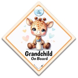 Grandchild on Board Car Sign, Cute Giraffe Design Baby on Board Sign, 14x14cm, Interior Suction Cup Window Display