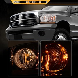 CNNELL Headlights Assembly w/Bulbs Light Bar Left and Right Side Compatible with Dodge Ram 1500 2006-2008/Fit Dodge Ram 2500 3500 2006-2009 Clear Lens Chrome Housing Amber Reflector