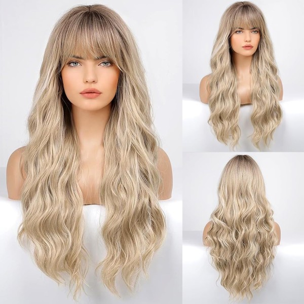 Fivtsme Long Blonde Wigs, 60 cm Long Wavy Wig, Women's Blonde Long Wig with Fringe, Natural Heat Resistant Synthetic Wig for Daily Use, Cosplay, Halloween, Carnival Party