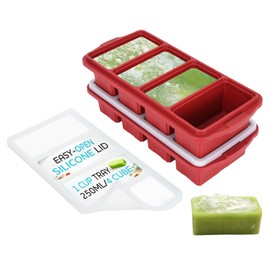 XOMOO Silicone Freezer Tray With Lid - Soup Freezer Container molds - Large Ice Cube Tray- makes 8 perfect 1 cup portions cubes, 2-Pack Freezer Storage Food Soups & Meal Prep - Oven & Dishwasher -Safe