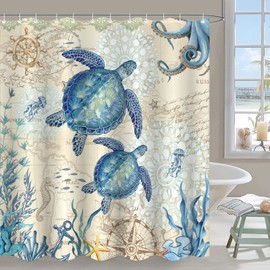 Aipon Nautical Sea Turtle Shower Curtain Octopus Ocean Blue Fish Animal Seashell Jellyfish Theme Extra Long Fabric Waterproof Shower Curtains for Bathroom Bath Curtain Decor (Green6, 72'' × 72'')