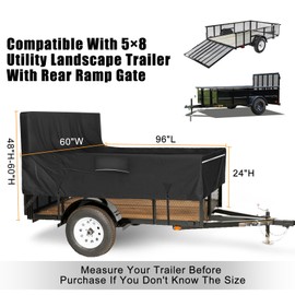 FGENKI Utility Trailer Cover, 5x8 Trailer Cover with Rear Landscape/Ramp Gate 48” to 60” high, 600D Waterproof Windproof Heavy Duty Black Dump Trailer Cover, Fits 5 x 8 FT (W x L)