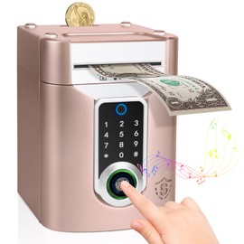 Highttoy Piggy Bank for Kids, Electronic Password Money Box with Touchscreen & Fingerprint, ATM Money Safe for Kids, Toys Gifts for 3-12 Year Old Boys Girls, Rose Gold