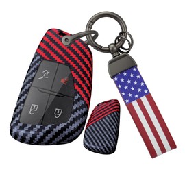 TECART Key Fob Cover Fit For Buick Envision GMC Yukon Sierra 1500 Car Accessories Carbon Key Shells Case with Keychain, National Flag Keychain-red