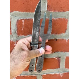 Aj Sanity Knives Custom Handmade Damascus Steel Steak knife & fork pair Chef Kitchen Dining Blank