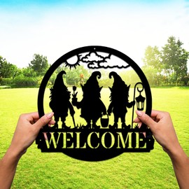 Garden Gnome welcome sign for front door circle Large 12 inch metal Wall Hanging Decor Farmhouse welcome wall art Indoor Outdoor Home Decor Perfect for Front Porch