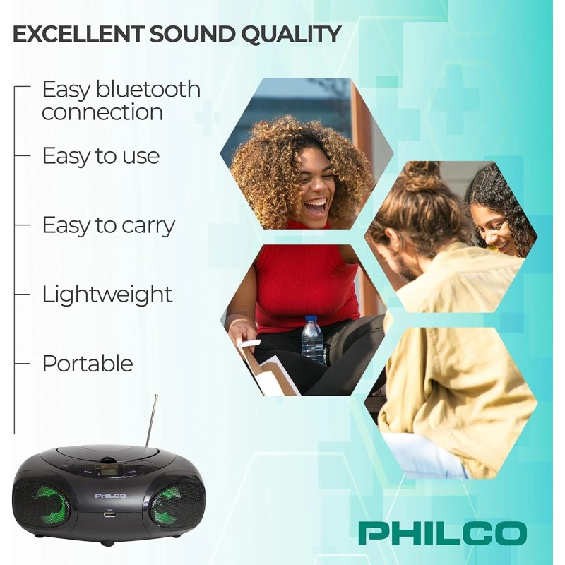 Philco Portable Bluetooth Boombox CD Player with AM/FM Radio and