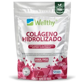 Wellthy Colágeno Hidrolizado, Vitamina C y Magnesio Marino 360g. Sabor Fresa, Sin Sabor, Sugar Free, Gluten Free, 30 porciones por envase. Bottle...  