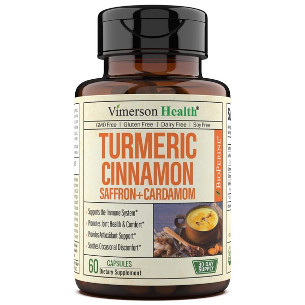 Turmeric Curcumin Saffron Ceylon Cinnamon & Cardamom - Antioxidant & Anti Inflammation Supplement with Black Pepper BioPerine. Supports Joints, Mood, Memory, Eye Health & Well-Being. 60 Vegan Capsules