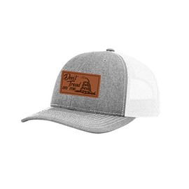 Heritage Pride Laser Engraved Leather Patch Don't Tread On Me Mesh Back Trucker Hat, Heather Grey/White