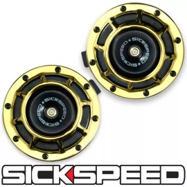 SICKSPEED 2PC 24K GOLD SUPER LOUD COMPACT ELECTRIC BLAST TONE HORN CAR 12V P3