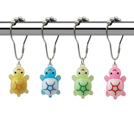 Sea Turtle Shower Curtain Hooks Set of 12, Rustproof Metal Stainless Steel Decorative Shower Curtain Rings with Cute Silicone Turtles (Yellow Blue Green Pink) for Fashion Beach Bathroom Decor