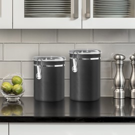 Oggi - Bote de cocina de acero inoxidable de 44 onzas, color negro, tapa hermética, tapa transparente transparente, ideal para almacenamiento de cocina, almacenamiento de alimentos, almacenamiento de