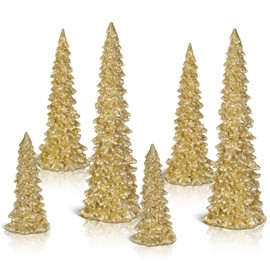 Pangda 6 Pieces Christmas Tree Figurines 11''/ 8.6''/ 7'' Champagne Gold Glittered Christmas Trees Resin Stone Christmas Holiday Figurines Christmas Desk Decor Centerpieces for Tabletop Decorations