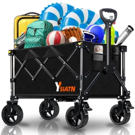 Collapsible Wagon Cart with Wheels Foldable, Folding Wagons Carts with All Terrain Wheels, Large Grocery Carts On Wheel, Heavy Duty Utility Wagons for Shopping Beach Sports, 150L, Black