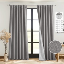 StangH Grey 100% Blackout Curtains 90 inches Long, Faux Linen Privacy Bedroom Window Treatments with Hooks Back Tab Energy Efficient Drapes for Sliding Glass Door Theater, W52 x L90, 2 Panels