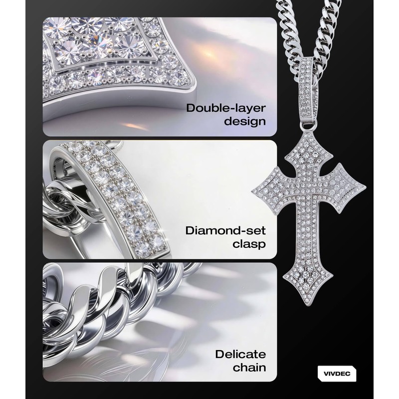 VIVDECIced Out Cross Necklace for Men, Full 5A Zircon Max