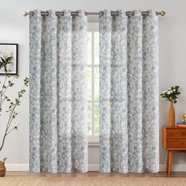 Vangao Farmhouse Linen Curtains 90 Inches Long Blue Floral Curtains for Living Room Bedroom Vintage Print on Beige Light Filtering Window Drapes Grommet Top 2 Panels