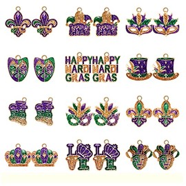 24/32PCS Mardi Gras Charms for Jewelry Making, Carnival Bracelet Making Charms Bulk, Glittery Enamel Mask Fleur De Lis Jester Hat Pendant Charms for DIY Mardi Gras Accessory Crafts Gifts (24PCS)