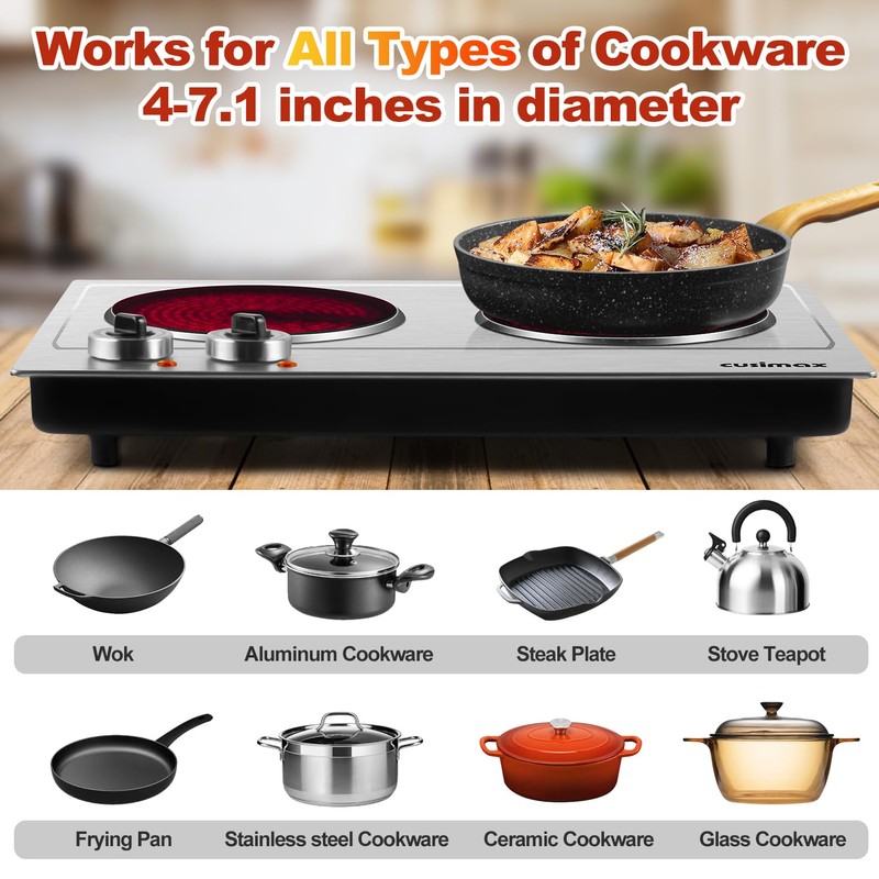 Hot Plate,Cusimax Dual Infrared Burner, Electric Ceramic Glass Stove,Adjustable Temperature