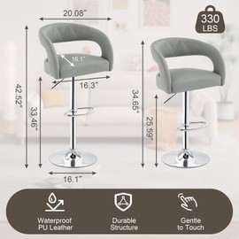 VECELO Bar Stools Set of 2 Adjustable Swivel Modern Pu Leather Barstools, Counter Bar Stools with Back and Arms, for Kitchen, Bar (Light Gry)