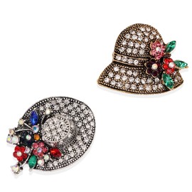 2Pcs Retro Crystal Flower Hat Brooches Elegant Rhinestone Hat Statement Brooch Pins Fashion Jewelry Accessories for Women Girl Gift Gold