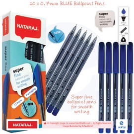 NATARAJ SuperFine Ballpoint Pens Triangular Grip Smooth Writing (10 x 0.7mm BLUE Ball Pens + 1 x ZOFAX Black Ball Pen)
