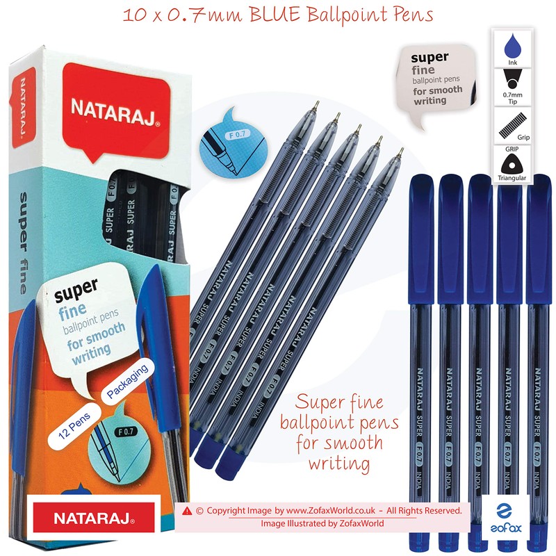 NATARAJ SuperFine Ballpoint Pens Triangular Grip Smooth Writing (10 x