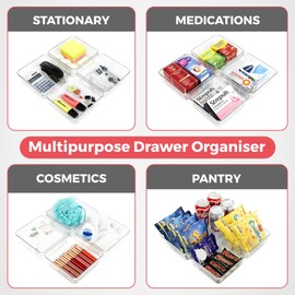 Amtido 4 Pack Drawer Organisers - Sturdy Clear Plastic - Versatile Storage for Kitchen, Bathroom, Utensils, Makeup, Office, and Desk Accessories (15.2cm x 15.2cm x 5.1cm)