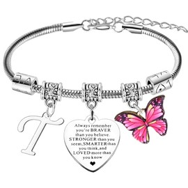 Always Remember You are Braver Inspirational Bracelets for Women Letter A-Z Initial Bracelet Butterly Charm Bracelet Motivational Butterlies Birthday Gifts for Family Friends (Letter T Bracelet)