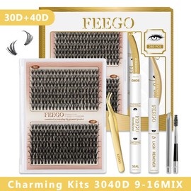 FEEGO 60D+80D Fluffy Look D Curl DIY Lashes Extension Kit Lash Clusters Wispy 10-18mm with Waterproof Bond Seal and Tweezers Eyelash Makeup Cosmetic - Specification: Charming Kits 3040D