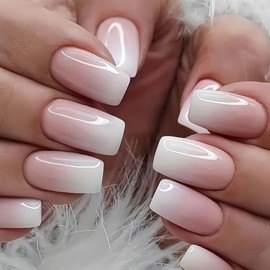 24 pcs Pink French Tip Gradient Press on Nails Medium Square Fake Nails with Natural Ombre Design False Nails Full Cover Gradient French Tip Glossy Acrylic Nails for Women Manicure Decoration