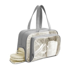 TALOMON Transparent PVC & PU Makeup Bag - Large Capacity, Wet/Dry Separation with Two or Three Partitions, Travel Toiletry Bag for Skincare, Beach & Pool (Grey)