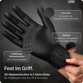 Progrip Disposable Gloves, Black, Extra Strong, Nitrile Gloves, L, 2 x Thicker, Disposable Gloves with Diamond Grip, Work Gloves for Workshop, Industry & Assembly, Pack of 50