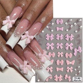 Pink Bow Nail Art Stickers, 5D Embossed Nail Decals Pink Bow Nail Tape Sticker Bow Nail Charms Nail Art Decorations Kawaii Japanese Style 1Pcs