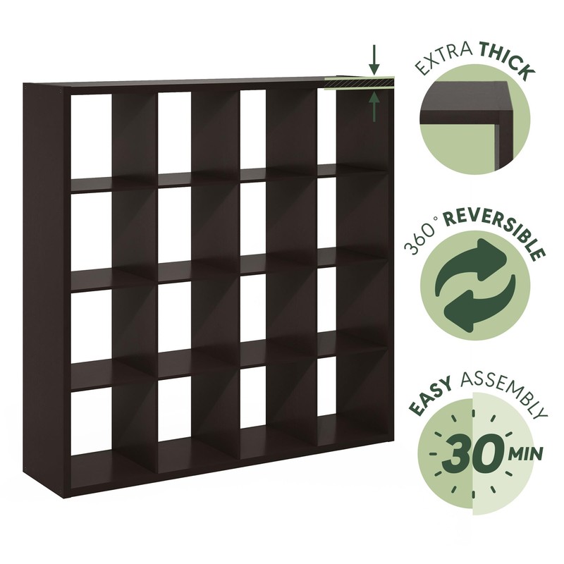 Furinno Cubicle Book Shelf, 16-Cube Bookshelf, Extra Thick Frame Reversible