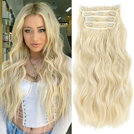 QAUARUMSUN Clip in Hair Extensions 24 Inch 4pcs Long Wavy Synthetic Hair Extensions Double Weft Hairpieces for Women (Blonde)