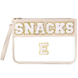Pinkmik Chenille Letter Clear Zipper Pouch for Travel Clear Snack Bag Letter Makeup Pouch Bag for Women (Snacks-E)