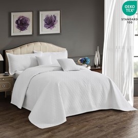 Blythease Oversized King Bedspread 128x120 Extra Wide, Modern & Contemporary Look, Lightweight Bedding Cover, Reversible, 5 Piece, 100% Microfiber, Pure White