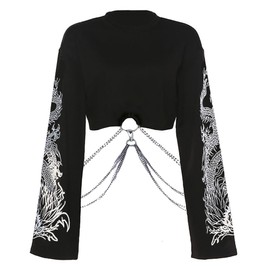 AULKEEP Goth Punk Dragon Long Sleeve Iron Chain Crop Top Pullover Sweatshirt Cool Streetwear
