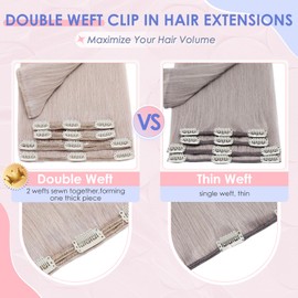 Elailite Double Weft Clip in Hair Extensions Real Human Hair Blonde - Thick 8 Pieces Remy Hair Straight Full Head #Grey - 20 Inch (150 g)
