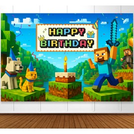Pixel Backdrop Happy Birthday Banner Boy 6x4ft Miner Bday Sign Villager Gaming Birthday Party Decorations Videogame Themed Banner Video Game Decorations Video Game Backdrop for Boys