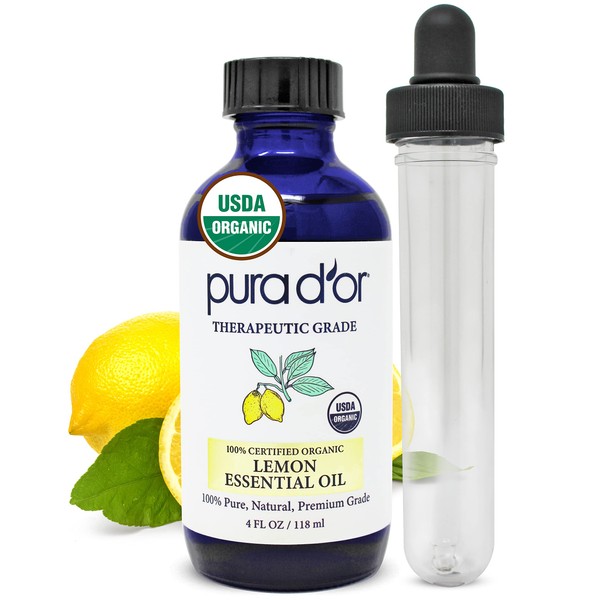 PURA D'OR Organic Lemon Essential Oil (4oz with Glass Dropper) 100% Pure & Natural Therapeutic Grade for Hair,Body,Skin,Aromatherapy Diffuser,Relaxation,Massage,Home,Cleaning,Laundry,DIY Soap