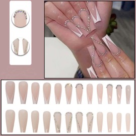 DANMANR Long Press on Nails Square French Fake Nails Full Cover Nude Acrylic False Nails for Women and Girls 24PCS (Coffin Rhinestones Multicolor)